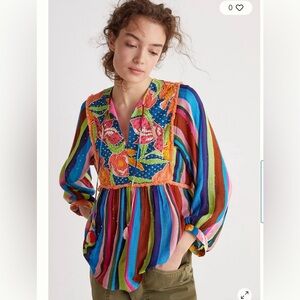 Anthro floral beaded babydoll blouse